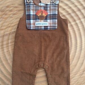 Mud Pie Brown Corduroy Overalls with Plaid Turkey Design